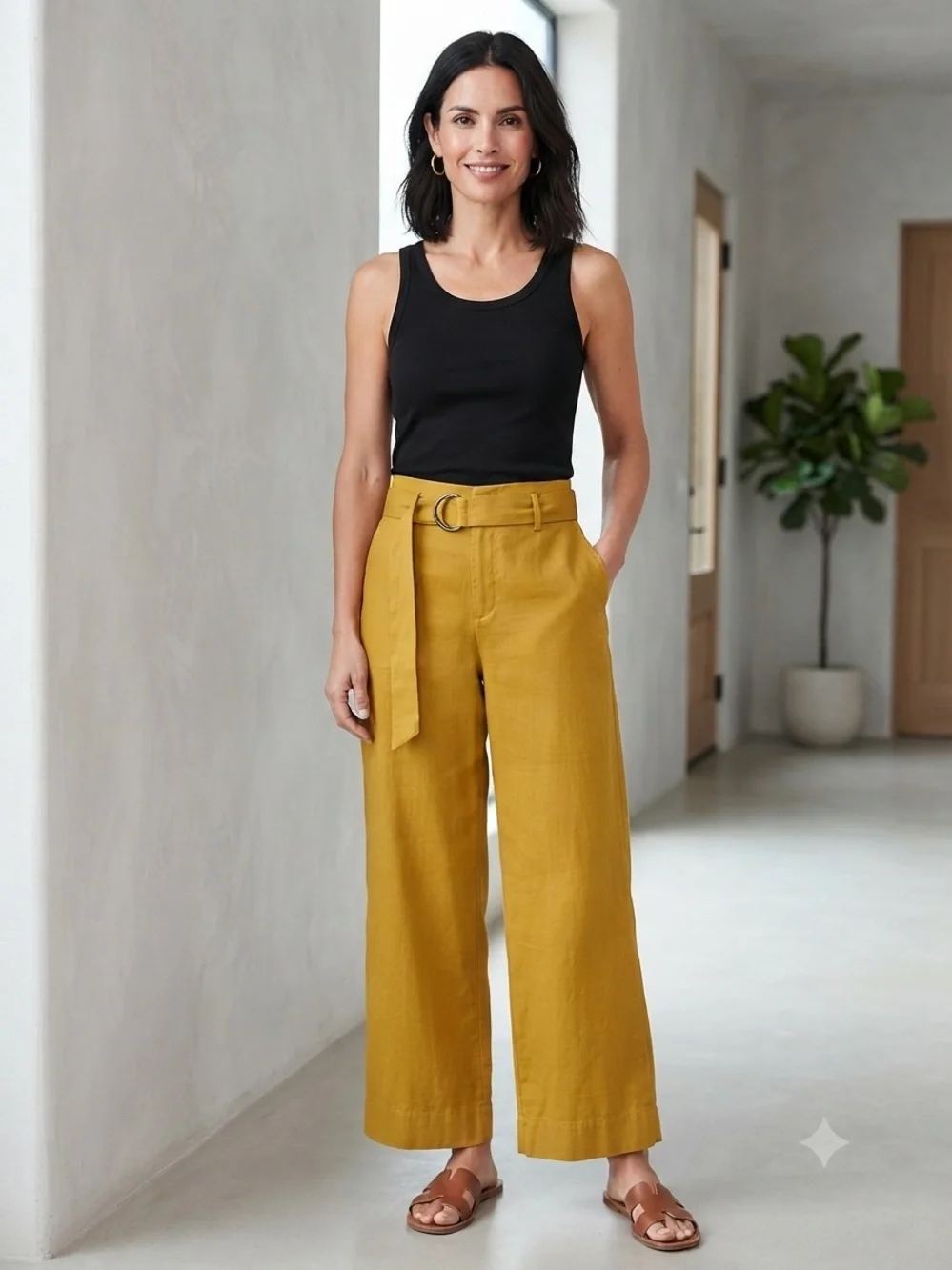 Banana Republic Mustard Yellow Linen Blend Paperbag Waist Wide Leg Pants 10